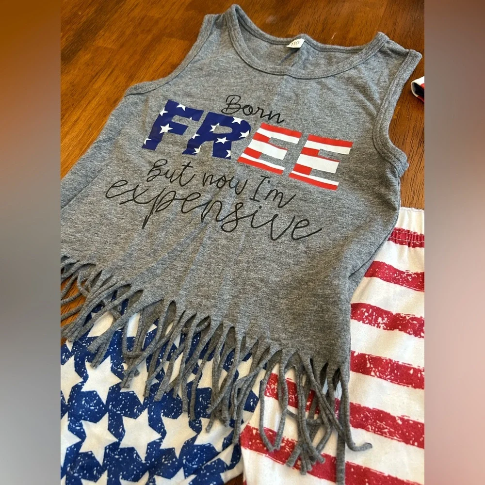 Patriotic Bell Bottom + Fringe Top Outfit | Girls 3-Piece Set | 110 (4-5 Years)